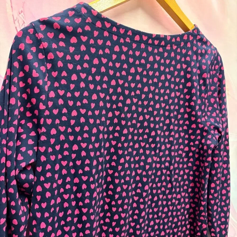 J. Jill M Navy Blue Pink Heart Print 3/4 Sleeve Blouse Romantic Feminine Artsy